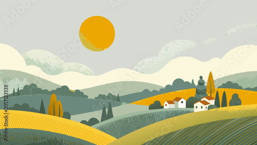 Obraz na plátně Rolling hills landscape illustration with a large orange sun and stylized cloud