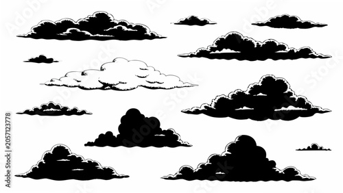 Foto Black cloud silhouettes against a white background a vector illustration of cumu