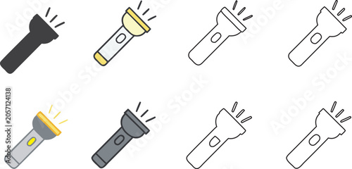 Portable Flashlight Silhouette Outline and Colored Minimalist Torch Icon Set Collection