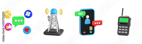 3D realistic wireless technology and social media icons with cell tower video call and walkie talkie