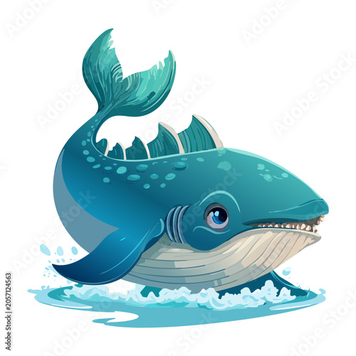 Obraz na plátně Majestic blue spiky whale sea monster swimming actively through churning ocean w