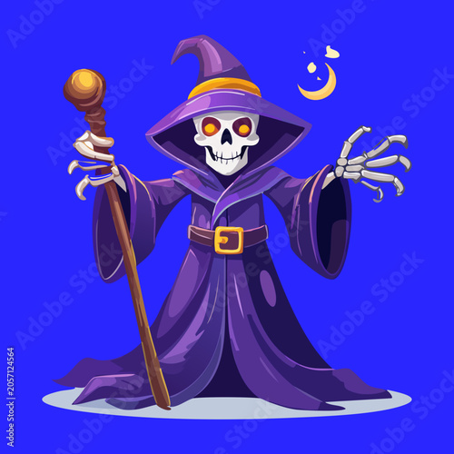 Bild auf Leinwand Undead skeleton necromancer mage wearing dark purple robes holding a magical sta