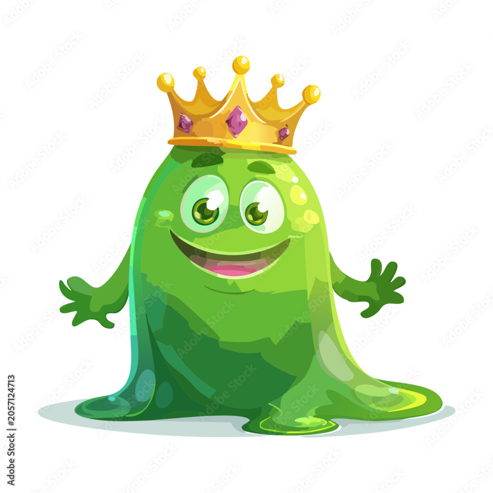 Fototapeta premium Charming green slime blob king character with a golden royal crown smiling warmly over a clean solid white backdrop layout