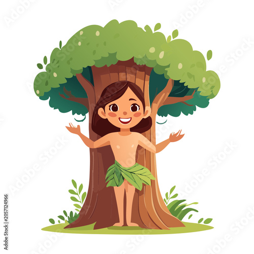 Obraz na plátne Cute jungle girl character hiding playfully inside hollow tree trunk wearing lea