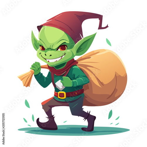 Greedy little goblin monster running away cheerfully with big bag filled with precious gemstone treasures stolen from fantasy kingdom village