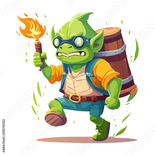 Wild goblin warrior running forward while holding burning fire torch and carrying massive wooden cargo barrel on his green back