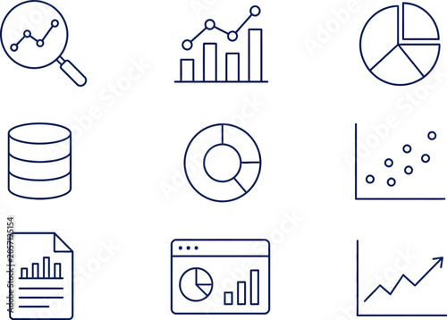 Minimal Data Analytics Line Icons Set – Thin Outline, Navy Blue, Flat Vector, Isolated on White Background
