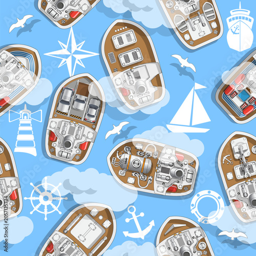 Ships at sea. Seamless pattern. On a blue background. Vector illustration.