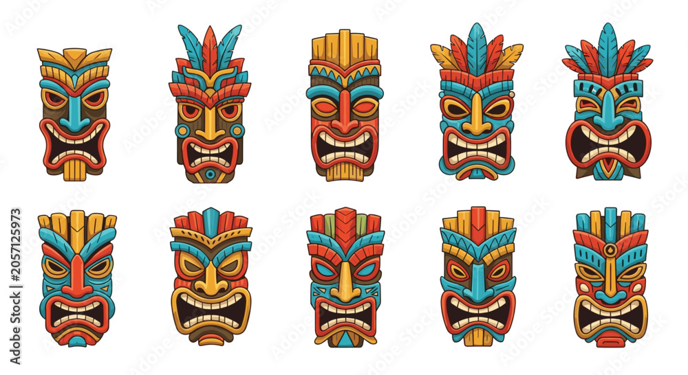 Fototapeta premium Vibrant collection of traditional polynesian tiki masks carved from wood with expressive faces and colorful feathers.