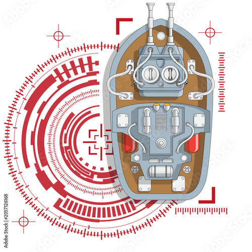 Combat ship on a technological background. View from above. Isolated on white background. Vector illustration.
