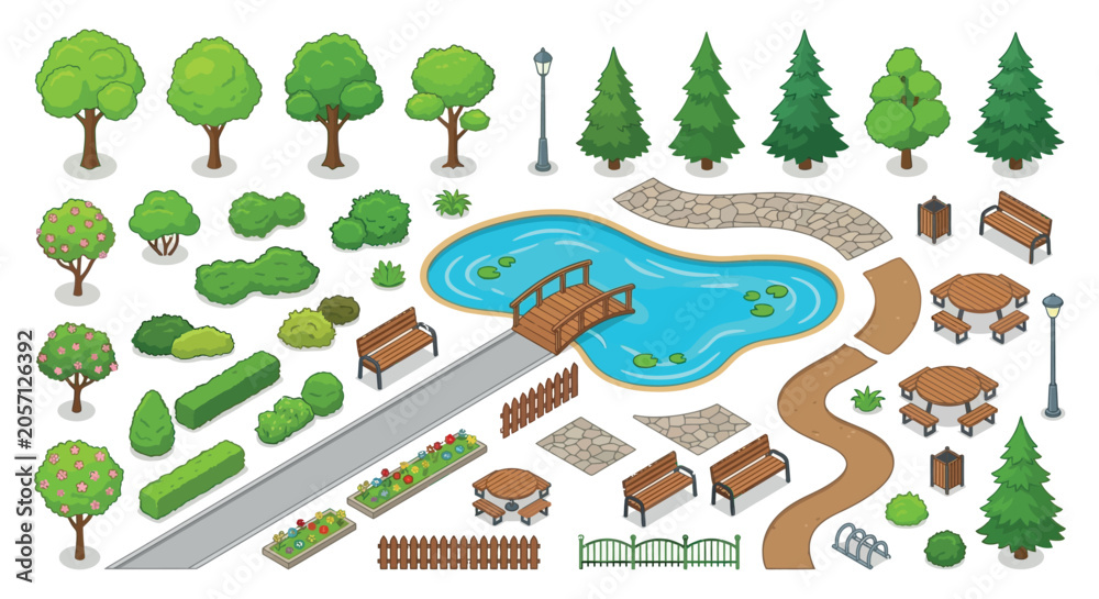 Fototapeta premium Park Elements Vector Illustration With Trees Benches And A Pond