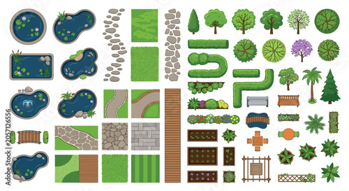 Fotografie Garden elements vector illustration with ponds trees and landscaping features