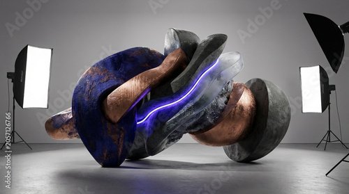 Abstract Sculpture with Neon Lighting in Studio Setting