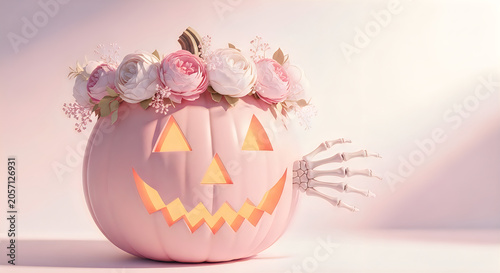 Pastel pink jack o lantern with floral crown and skeletal hand halloween decoration