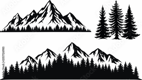 Fotografi Mountain and evergreen tree silhouettes against a white background graphic vecto