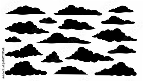 Billede på lærred Black cloud silhouettes arranged on a white background a collection of atmospher