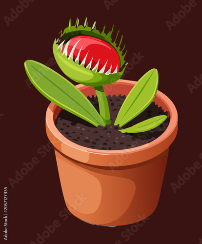 Isometric carnivorous venus flytrap plant illustration in brown clay pot with detailed trapping leaves on dark background game element