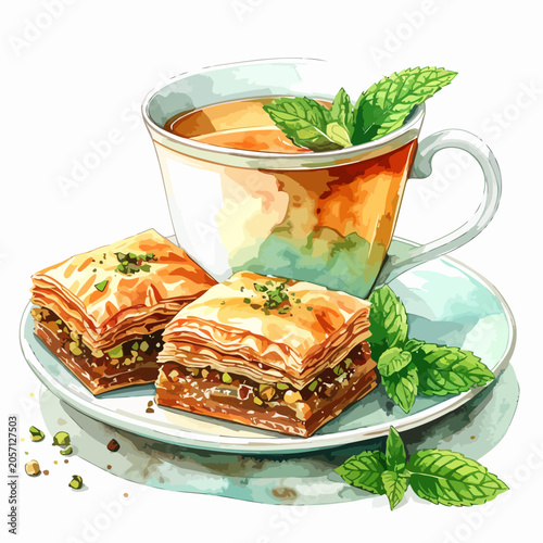 Delicious baklava pastries with a refreshing cup of tea and mint leaves.