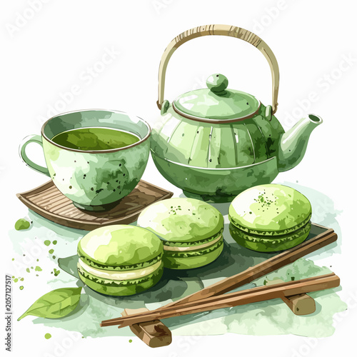 Green tea ceremony with matcha macarons and chopsticks.