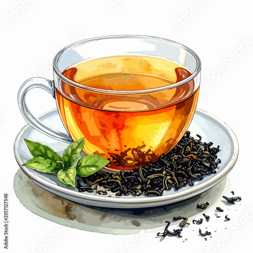 Clear glass cup filled with hot amber tea and fresh mint leaves.