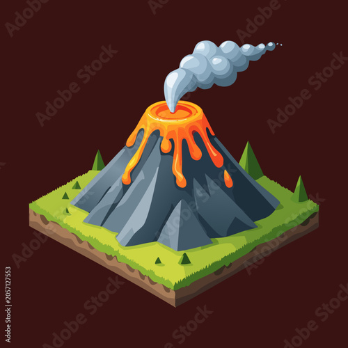 Fotografie Isometric cataclysmic volcanic eruption scene model with bright orange molten la