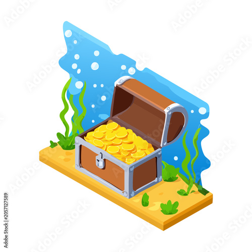 Photos Isometric secret pirate loot chest filled with glittering gold treasure under de