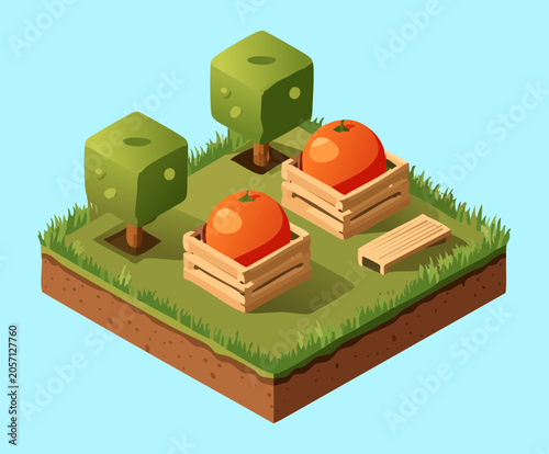 Foto Isometric fresh fruit harvest crates crate boxes filled with ripe red apples and