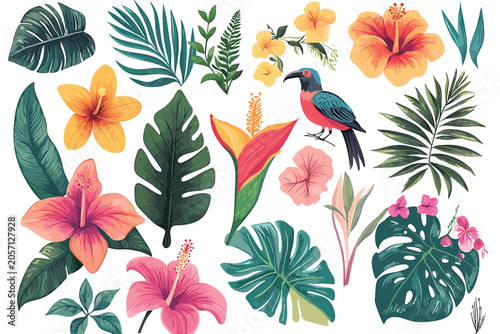 Vibrant Tropical Flora And Fauna Collection Featuring Exotic Bird Vector Illustration.
