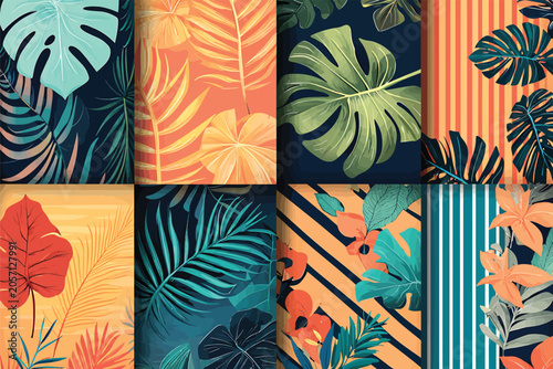 Vibrant Tropical Leaf Patterns Collection With Exotic Botanical Motifs Vector Illustration.