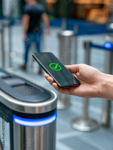 Smartphone Digital Access at Security Turnstile in Modern Office