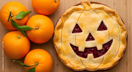 Halloween pumpkin pie with fresh oranges and green leaves on a wooden tabletop