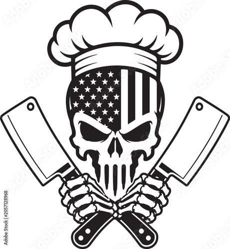 American Flag Chef Skull Mascot Logo with Crossed Cleavers, Black and White Vector Illustration