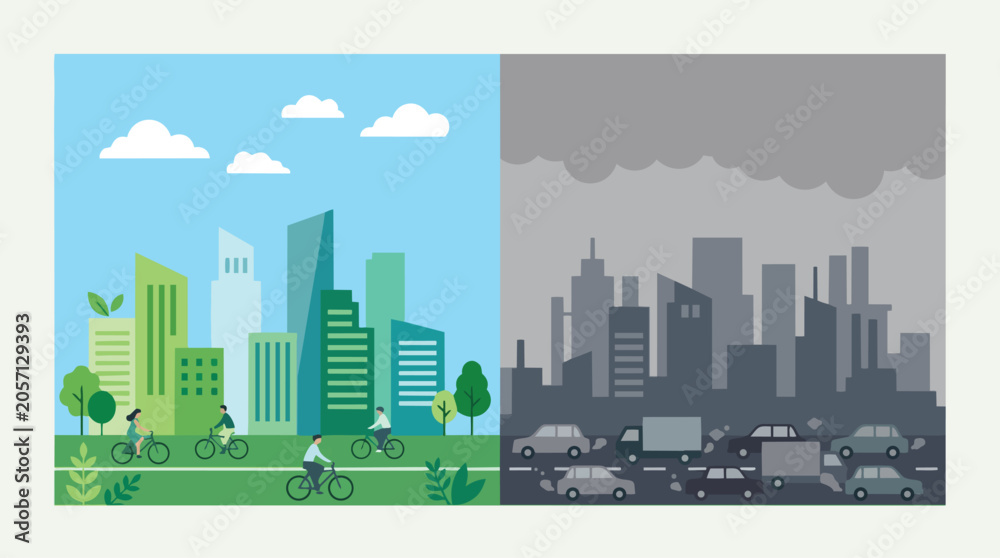 Fototapeta premium Clean City Skyline Contrasted with Polluted Urban Landscape