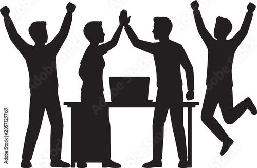 Four people celebrate with raised arms around a table with laptop