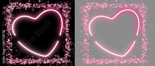 Pink Neon Heart Frame with Sparkles Isolated PNG Asset, Glowing Pink Heart Border Sparkle Frame Transparent PNG, Romantic Neon Heart Light Frame Isolated Graphic PNG
