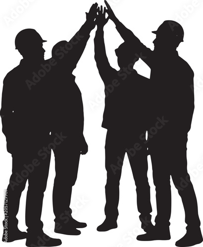 Four construction workers stacking their hands in a solidarity gesture on a site
