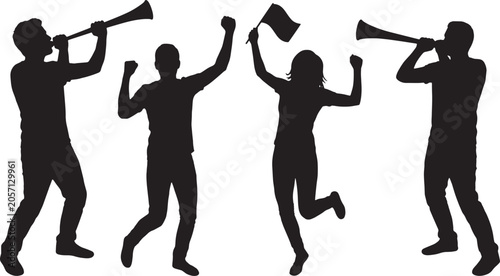Sports fans cheering and celebrating silhouette set. Featuring people blowing horns waving a flag and jumping. Group of supporters for football soccer or music festival events.