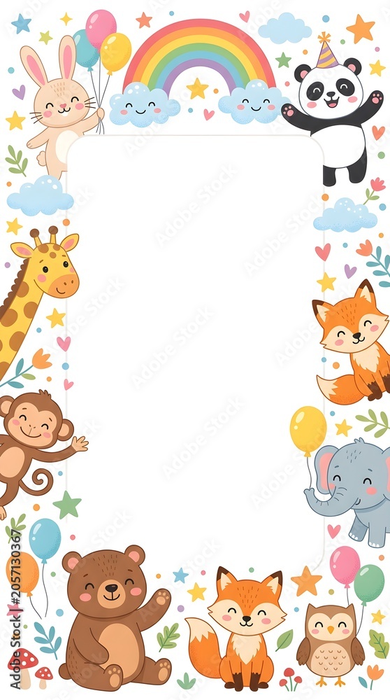 Obraz premium Cute vertical cartoon animals border frame with panda, elephant, giraffe, fox, bear, monkey, rainbow, and balloons for kids birthday design.