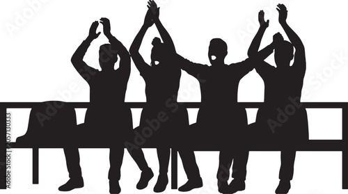 Audience cheering and clapping silhouette. Four people sitting on bench with raised hands. Group of fans celebrating victory. Vector graphic for sports events or corporate success presentations.