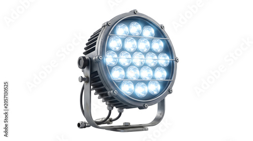 Industrial LED floodlight with bright white diodes, professional stage lighting equipment, heavy duty outdoor security lamp on white background