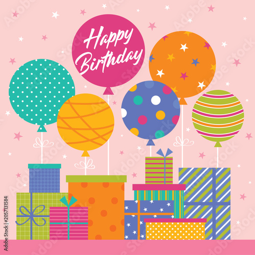 birthday card with balloons ang gifts