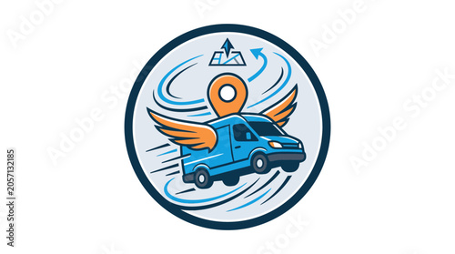 Obraz na plátně Blue winged delivery van logo in circular badge icon.