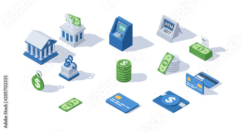 Financial Icons Representing Banking Services and Transactions.