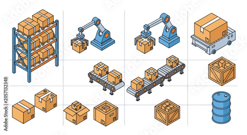 Automated warehouse logistics with robotic arms and conveyor belts.