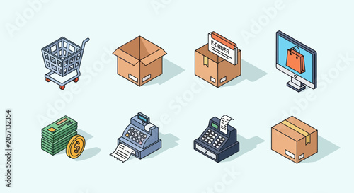 Isometric Icons Representing E-commerce and Retail Concepts.