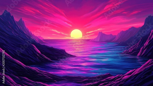 A Vibrant Sunset Painting the Ocean with Pinks and Purples Above Silhouetted Mountains