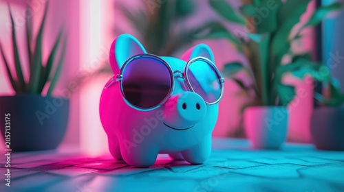 A stylish piggy bank wearing sunglasses, representing financial planning and savings in a modern, vibrant setting.