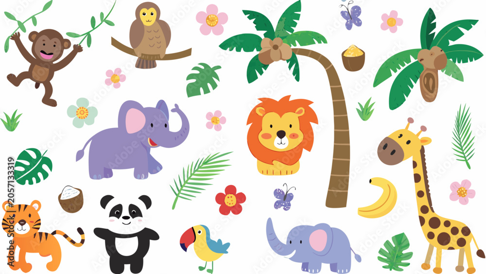 Fototapeta premium Cartoon safari animals and tropical foliage a colorful vector illustration on a white background