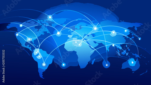 World map with connecting lines and illuminated nodes a blue vector illustration