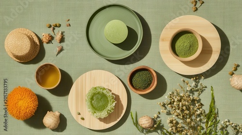A vibrant arrangement of organic matcha tea products and natural ingredients presented in a minimalist flat lay composition on a textured surface